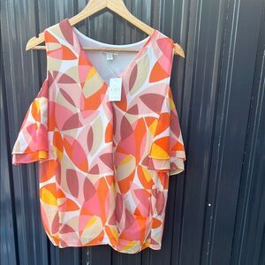 Cato Pink Orange Yellow Abstract Graphic Cold Shoulder Blouse L Large NWT Ruffle